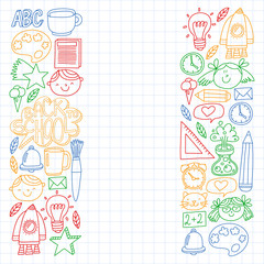 Back to school icons for posters, banners, covers. Kids, children education. Internet lessons, e-learning, online course. Vector pattern.