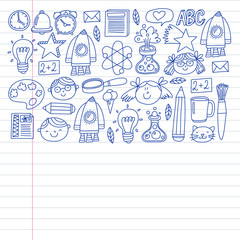 Online education concept. Vector icons and elements for little children, college, internet courses. Doodle style, kids drawing.