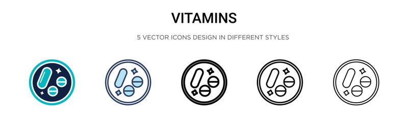 Vitamins icon in filled, thin line, outline and stroke style. Vector illustration of two colored and black vitamins vector icons designs can be used for mobile, ui, web