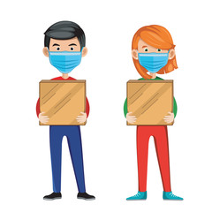 a delivery men and women holds a box in his hands. vector illustration