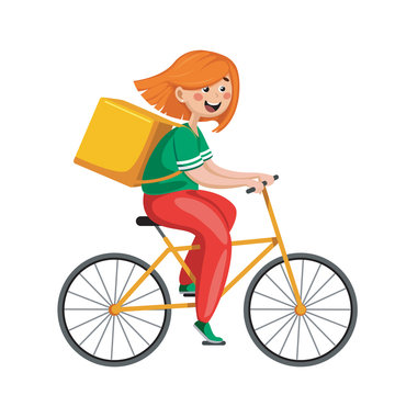 a girl on a Bicycle from the delivery service goes to deliver an order, it can be food, groceries or any other product