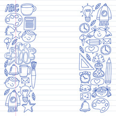 Online education concept. Vector icons and elements for little children, college, internet courses. Doodle style, kids drawing.