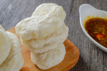 Cireng bumbu rujak. indonesian traditional food made from tapioca flour is given spices such as garlic, salt, pepper and is cooked by frying.