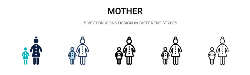 Mother icon in filled, thin line, outline and stroke style. Vector illustration of two colored and black mother vector icons designs can be used for mobile, ui, web