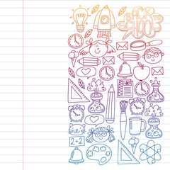 Back to school icons for posters, banners, covers. Kids, children education. Internet lessons, e-learning, online course. Vector pattern.