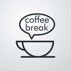 Icono plano lineal con texto coffee break en globo de habla con taza de café en fondo gris