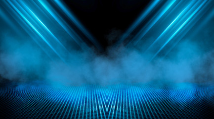 Dark street, wet asphalt, reflections of rays in the water. Abstract dark blue background, smoke,...