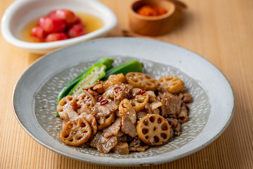 Kinpira Renkon,pork sauteed with lotus root. Delicious Japanese cuisine.