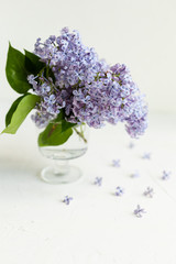 Fresh lilac flowers in a glass vase on the white table. Spring concept.