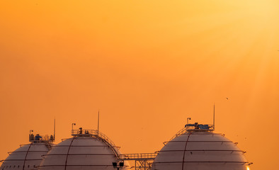Industrial gas storage tank. LNG or liquefied natural gas storage tank. Spherical gas tank in...