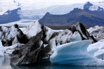 Jokulsarlon / Iceland - August 29, 2017: Ice formations and icebergs in Glacier Lagoon, Iceland,...