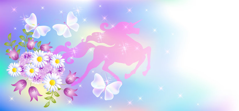 Galloping unicorn with luxurious winding mane against the background of the iridescent universe with sparkling stars and spring flowers.