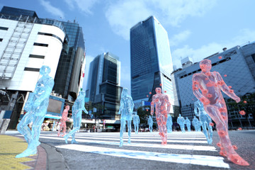 Naklejka premium グラスクリーチャー グラスヒューマン ウイルス コロナウイルス 感染 Coronavirus 3d infection cg 密接 密集 渋谷 スクランブル交差点 ガラスの人間 ビジネスシーン ビジネス街 オフィス 3DCG