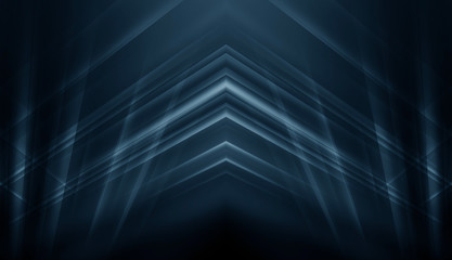 Abstract blue neon background with rays and lines. Reflection of light in the dark. Tunnel in blue neon light, underground passage. Abstract blue background. Background of an empty black corridor