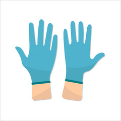 The nurse or doctor wears blue disposable gloves. Flat design.Vector illustration stock. Hands putting on protective blue gloves. Coronavirus and self protective concept. Latex gloves as a symbol