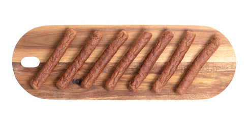 Wooden tray with frikadellen, a Dutch fast food snack