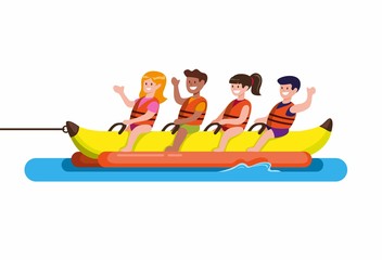 People ride on a banana boat, water sport in beach. cartoon flat illustration vector isolated in white background