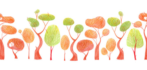Hand drawn with colored pencils seamless horizontal pattern with wild forest autumn trees.
Hand drawn childish style pattern to design cards, baby clothes, wallpaper, wrapping paper, print, textile.