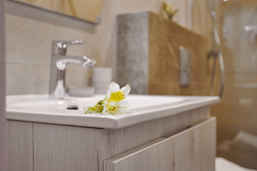 White ceramic washbasin, glossy metal faucet and a delicate white flower lying on the edge of the washbasin
