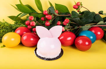 Cute Easter bunny desserts, Easter painted eggs, Authentic Easter Brunch. Colorful and happy table, food  and sweets display. Fresh Food Buffet Brunch Catering Dining Eating Kids Party Sharing Concept