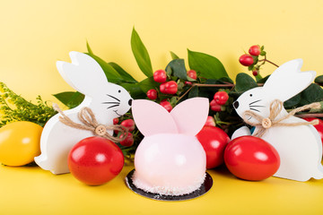 Cute Easter bunny desserts, Easter painted eggs, Authentic Easter Brunch. Colorful and happy table, food  and sweets display. Fresh Food Buffet Brunch Catering Dining Eating Kids Party Sharing Concept