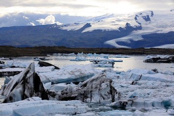 Jokulsarlon / Iceland - August 29, 2017: Ice formations and icebergs in Glacier Lagoon, Iceland,...