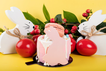 Cute Easter bunny desserts, Easter painted eggs, Authentic Easter Brunch. Colorful and happy table, food  and sweets display. Fresh Food Buffet Brunch Catering Dining Eating Kids Party Sharing Concept