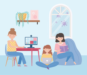 stay at home, people in online reading book and using laptop in living room