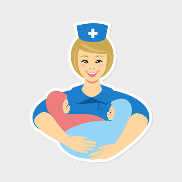 Midwife Holding Two Newborns. Vector Flat Illustration