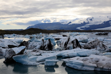 Jokulsarlon / Iceland - August 29, 2017: Ice formations and icebergs in Glacier Lagoon, Iceland,...