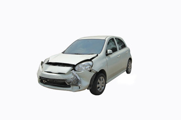 city car destroyed at the front side isolated on white background and clipping path included.