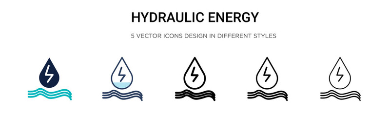 Fototapeta premium Hydraulic energy icon in filled, thin line, outline and stroke style. Vector illustration of two colored and black hydraulic energy vector icons designs can be used for mobile, ui, web