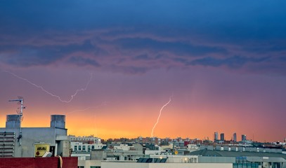 Lightning storm at sunset in Madrid, Spain