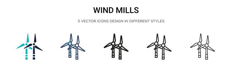 Wind mills icon in filled, thin line, outline and stroke style. Vector illustration of two colored and black wind mills vector icons designs can be used for mobile, ui, web