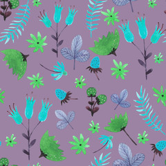 Fototapeta na wymiar Watercolor scandi purple floral seamless pattern with flowers and leaves