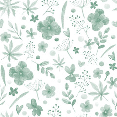 watercolor monochrome floral seamless pattern with flowers and leaves