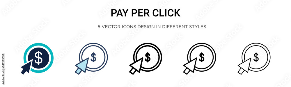 Poster pay per click icon in filled, thin line, outline and stroke style. vector illustration of two colore