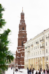 Fototapeta na wymiar Kazan, Republic of Tatarstan, Russia - 25/12/2017 The bell tower of the Epiphany Cathedral.