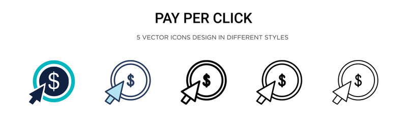 Pay per click icon in filled, thin line, outline and stroke style. Vector illustration of two colored and black pay per click vector icons designs can be used for mobile, ui, web