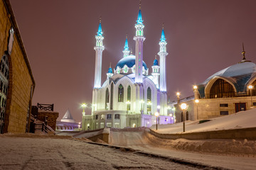 Fototapeta na wymiar Kazan, Republic of Tatarstan, Russia View of the Kul Sharif mosque at night.