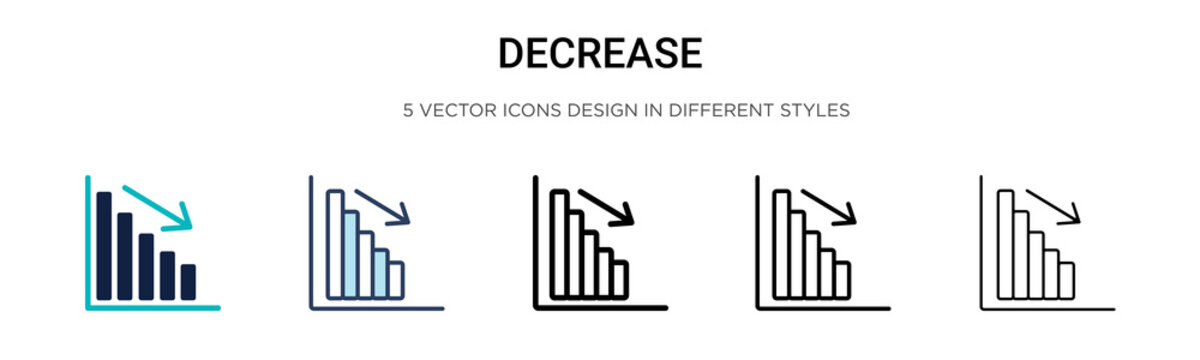 Decrease icon in filled, thin line, outline and stroke style. Vector illustration of two colored and black decrease vector icons designs can be used for mobile, ui, web