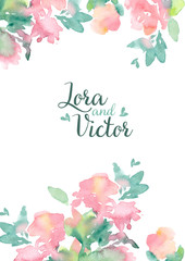 Watercolor floral frame with abstract pink  flowers similar to peonies or roses. Vertical template for banner, invitation, announcement, diploma.