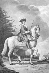 The Russian Queen Catherine II on the horseback on 20th of June, 1762 in the old book The Essays in Newest History, by I.I. Grigorovich, 1883, St. Petersburg