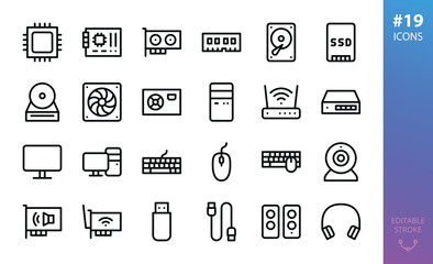 PC Hardware isolated icons set. Set of CPU, mainboard, GPU graphics card, memory, hard drive, SSD, PC case, wifi router, lan switch, desktop computer, mouse, keyboard, webcam  outline vector icon