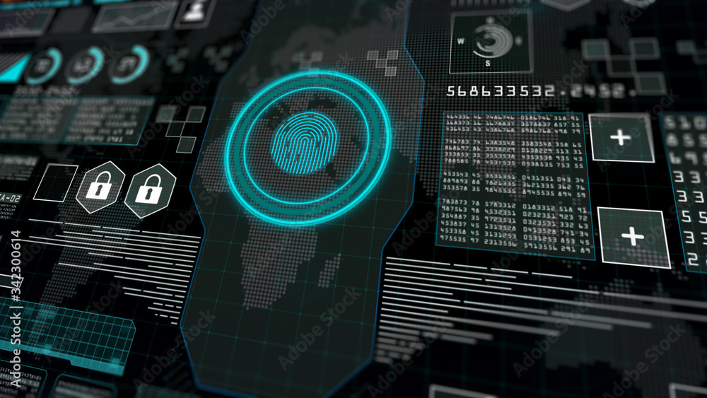 Poster Fingerprint scanner with User interface head up display, Futuristic interface computer desktop screen, Abstract digital display background.
