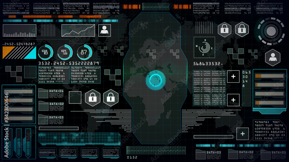 Poster Fingerprint scanner with User interface head up display, Futuristic interface computer desktop screen, Abstract digital display background.