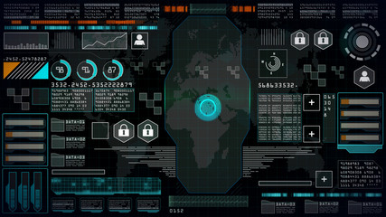 Obraz premium Fingerprint scanner with User interface head up display, Futuristic interface computer desktop screen, Abstract digital display background.