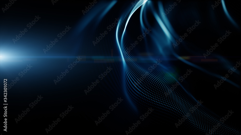 Poster blue color digital particles wave flow and lighting. technology abstract background concept. with co
