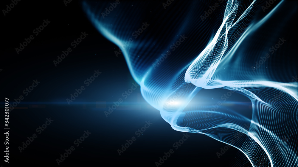 Poster blue color digital particles wave flow and lighting. technology abstract background concept. with co