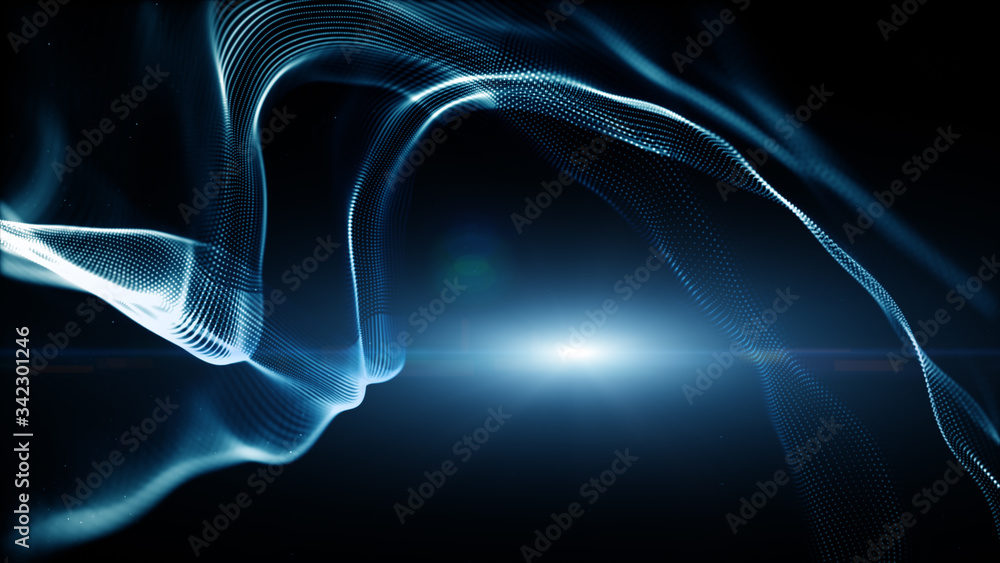 Poster blue color digital particles wave flow and lighting. technology abstract background concept. with co